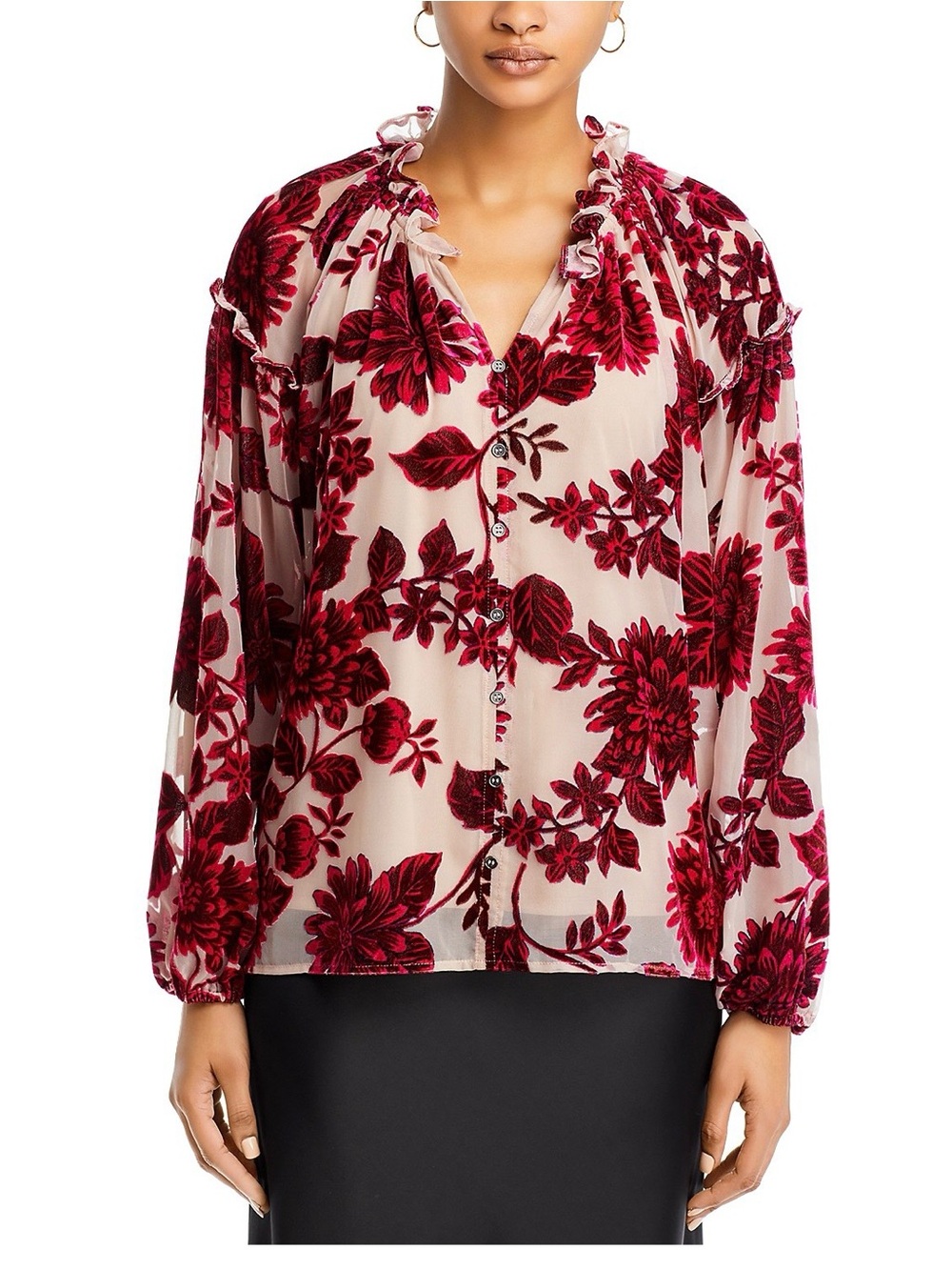 Bloomingdale’s Cupio Red Floral Burnout Ruffle Blouse on Cream size Large - Picture 3 of 16